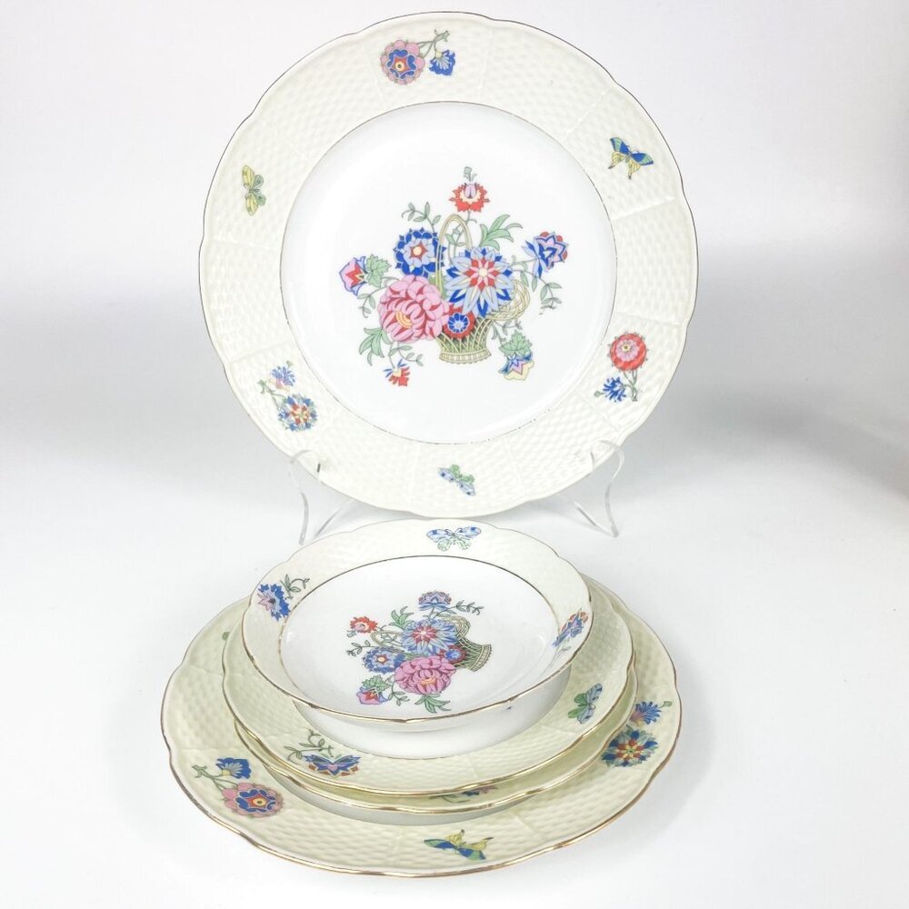 Tk Thun Czechoslovakia Floral & Butterfly Plates W/ Basket Weave Border Set Of 6